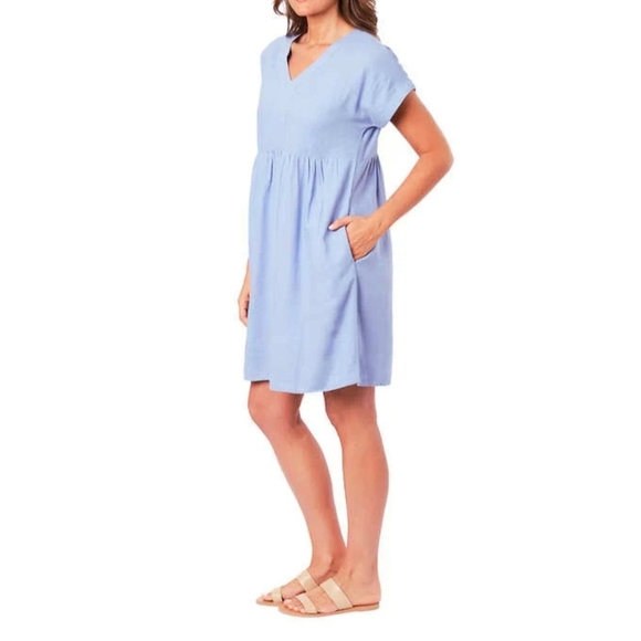 NWT Briggs New York Blue Linen Dress Small V-neck Short Sleeved - Picture 1 of 13